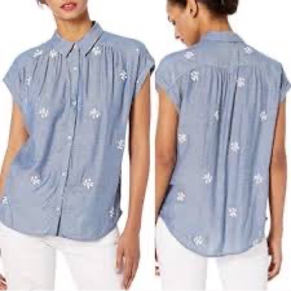 LUCKY BRAND women’s blue soft short sleeve shirt with floral embroidery, size M - Picture 15 of 15